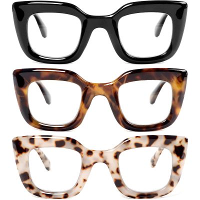 REAVEE 3 Pack Reading Glasses for Women Thick Frame, Blue Light Blocking Computer Stylish Cute Readers Cheaters with Spring Hinge, Black+Pink Leopard+Purple, 3.5