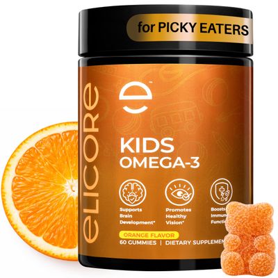 ELICORE Premium Kids Omega 3 Gummies Orange Flavor Fish Oil for Kids Omega 3 Gummies for Children No Fish Burps Brain, Eye & Immune Support 2 Month Supply