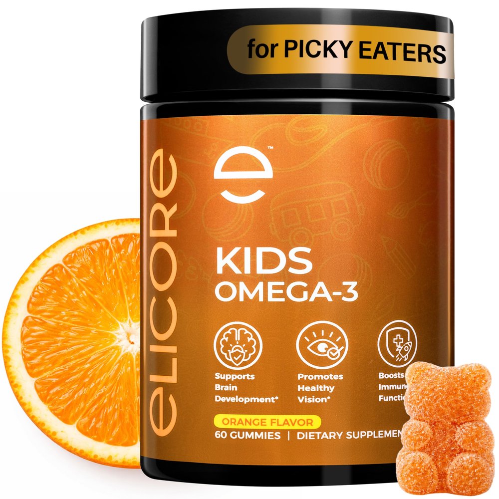 ELICORE Premium Kids Omega 3 Gummies Orange Flavor Fish Oil for Kids Omega 3 Gummies for Children No Fish Burps Brain, Eye & Immune Support 2 Month Supply