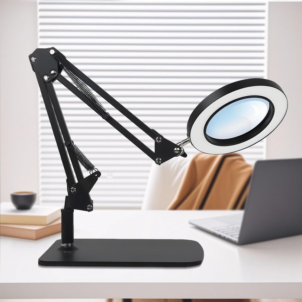 10x Magnifying Glass with Light, 3 Color Modes Dimmable LED Magnifying Desk Lamp with Large Stand and Clamp Long Swivel Arm Lighted Magnifier Hands Free for Crafts, Workbench, Hobby, Sewing,Repair