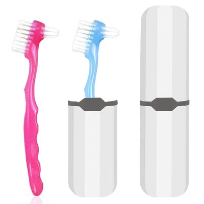 2-Piece Denture Cleaning Brush Set - Multi-Layered Bristles False Toothbrush with Ergonomic Handle and White Carrying Case for Fake Teeth Cleaning, Travel-Sized Oral Care Tool (Blue&Red, One Size)