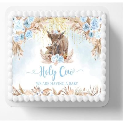 NineLife Basics Highland Cow Theme Edible Image Holy Cow We're Having A Baby Cake Topper - Blue, 1 Count, 1 Piece