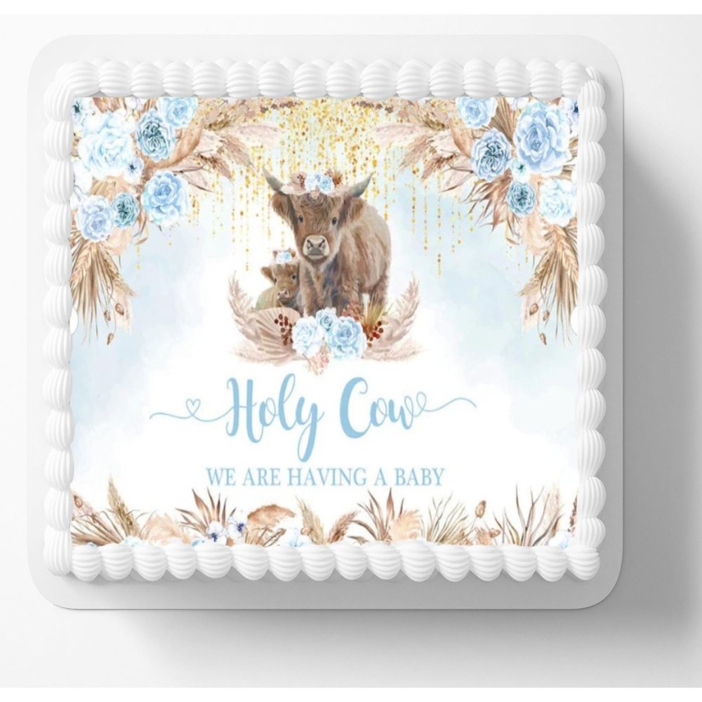 NineLife Basics Highland Cow Theme Edible Image Holy Cow We're Having A Baby Cake Topper - Blue, 1 Count, 1 Piece