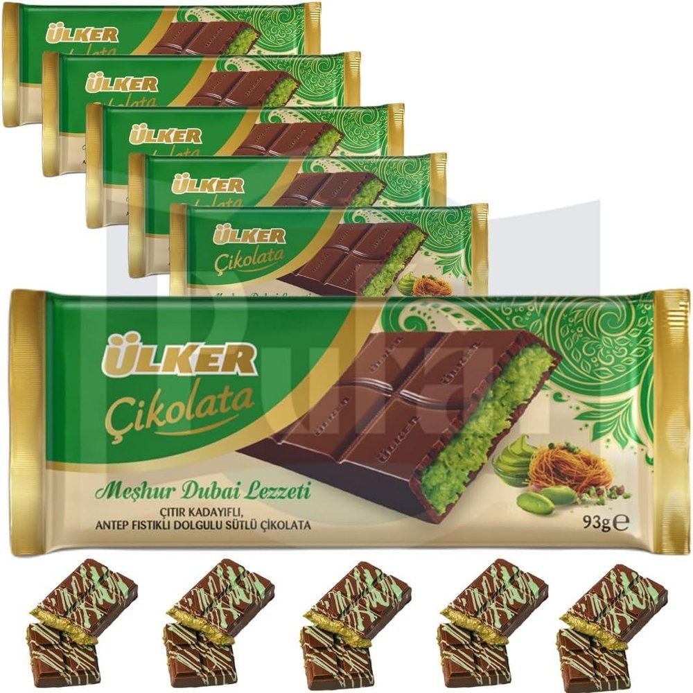 6 PACKS X Premium Dubai Bar Pistachio Kataifi Viral Dubai Chocolate Milk Chocolate Filled Pistachio Cream with Kadayif 93 Gram