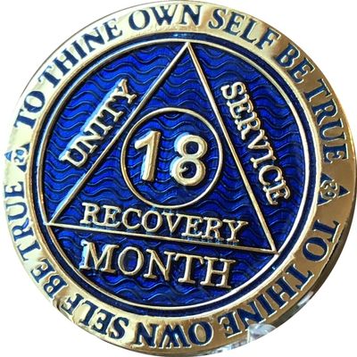 18 Month AA Medallion Reflex Blue Gold Plated Sobriety Chip Serenity Prayer Back