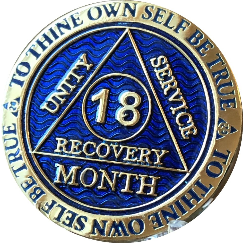 18 Month AA Medallion Reflex Blue Gold Plated Sobriety Chip Serenity Prayer Back