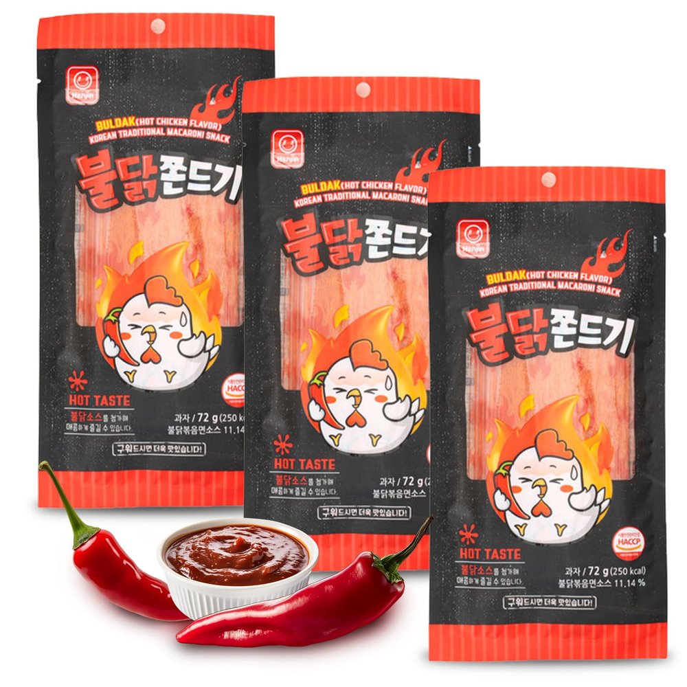 COELO Jjondigi Spicy Flavor 72g x 3Packs (Total 7.6oz) Korean Traditional Old School Finger Food Chewy K-Food Treats Individually Wrapped Late Night Holiday Party Jerky Snack Buldak Taste