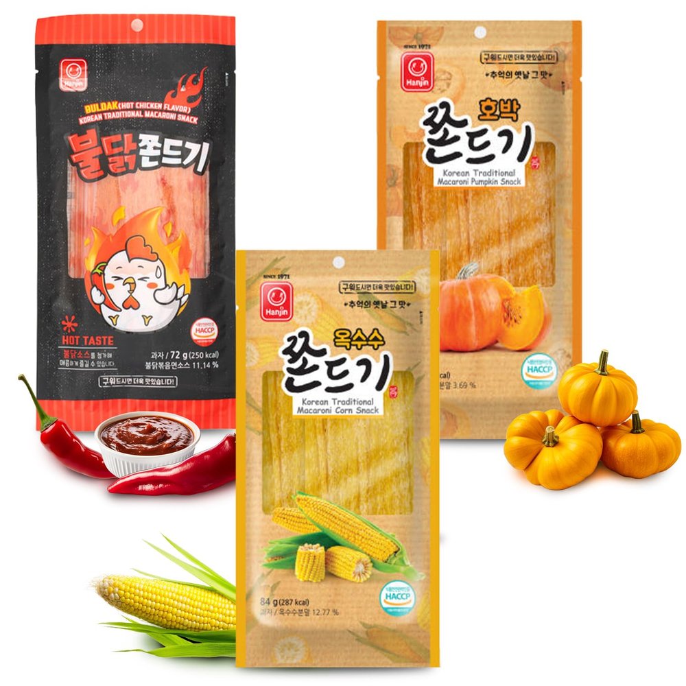 COELO Jjondigi Variety 3 Packs (Total 8.5oz) Korean Traditional Old School Snack Chewy K-Food Treats Individually Wrapped Late Night Holiday Party Jerky (Sweet Pumpkin, Corn, Bludak Flavor)