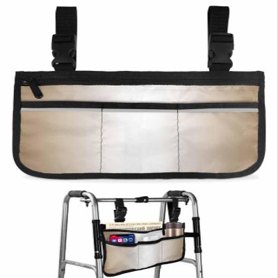 Beige White Ombre Wheelchair Bag with Cup Holder Walker Bag with Reflective Stripes for Seniors Electric Wheel Chair Accessories for Adults Beige Gradient Modern Wheelchair Side Bag for Rollator