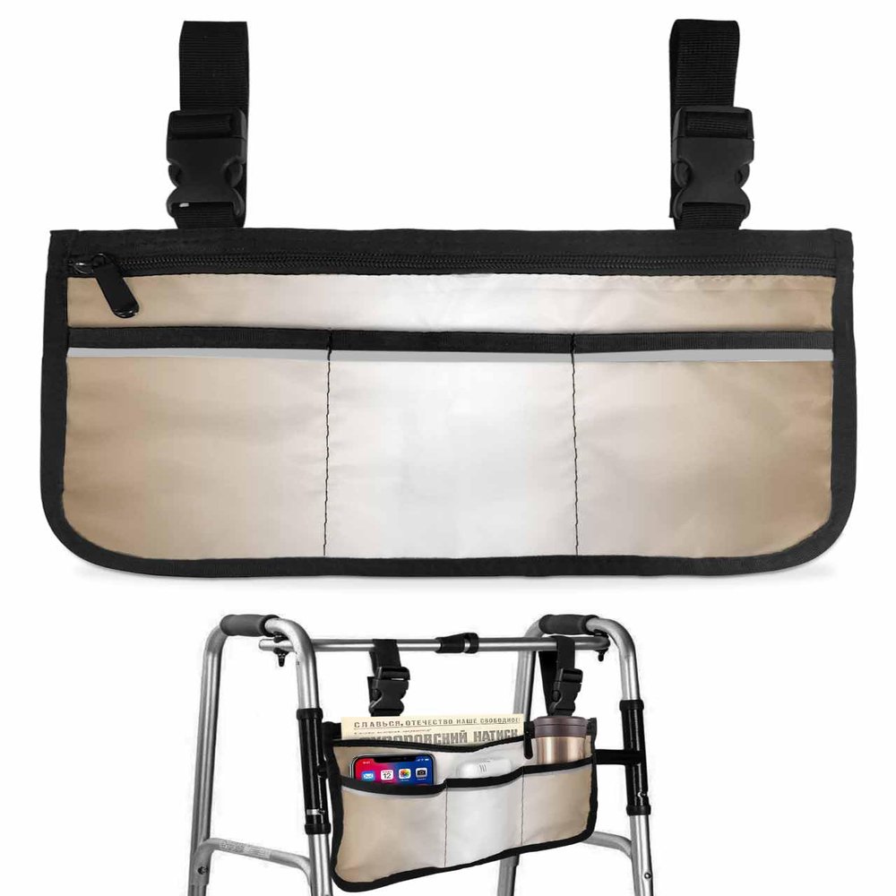 Beige White Ombre Wheelchair Bag with Cup Holder Walker Bag with Reflective Stripes for Seniors Electric Wheel Chair Accessories for Adults Beige Gradient Modern Wheelchair Side Bag for Rollator