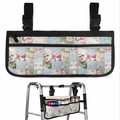 Floral Geometric Green Wheelchair Bag with Cup Holder Walker Bag Reflective Stripes for Seniors Wheel Chair Accessories for Adults Farmhouse Textured Flowers Stripe Wheelchair Side Bag for Rollator