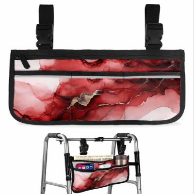 Ombre Red Wheelchair Bag with Cup Holder Walker Bag Reflective Stripes for Seniors Wheel Chair Accessories for Adults Abstract Gradient Geometric Marble Textured Wheelchair Side Bag for Rollator