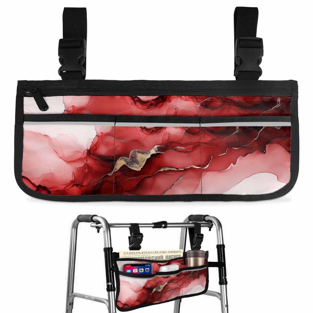 Ombre Red Wheelchair Bag with Cup Holder Walker Bag Reflective Stripes for Seniors Wheel Chair Accessories for Adults Abstract Gradient Geometric Marble Textured Wheelchair Side Bag for Rollator