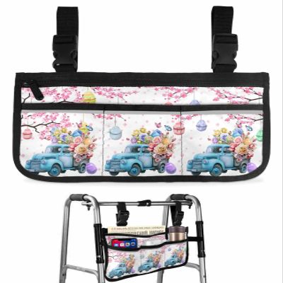 Easter Eggs Wheelchair Bag with Cup Holder Walker Bag with Reflective Stripes for Seniors Electric Wheel Chair Accessories for Adults Flowers Trucks Butterfly White Wheelchair Side Bag for Rollator