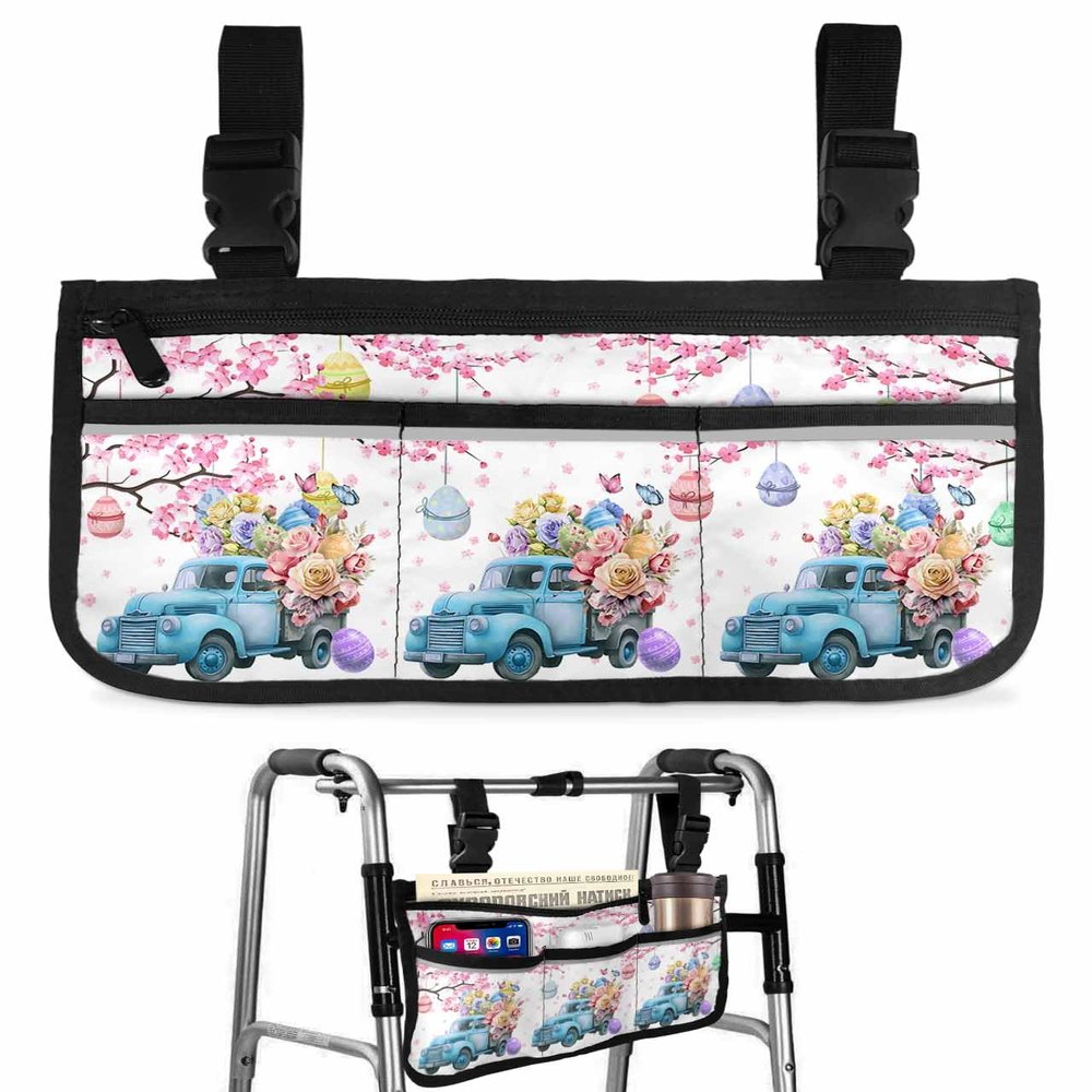 Easter Eggs Wheelchair Bag with Cup Holder Walker Bag with Reflective Stripes for Seniors Electric Wheel Chair Accessories for Adults Flowers Trucks Butterfly White Wheelchair Side Bag for Rollator