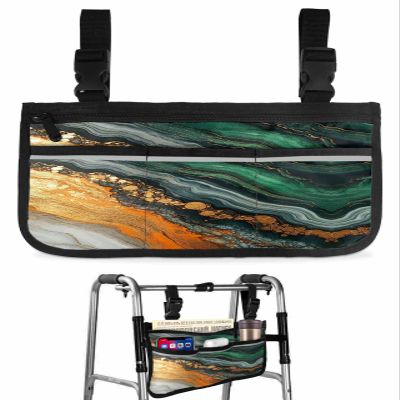 Ombre Orange Green Wheelchair Bag with Cup Holder Walker Bag Reflective Stripes for Seniors Wheel Chair Accessories for Adults Abstract Marble Geometric Texture Wheelchair Side Bag for Rollator