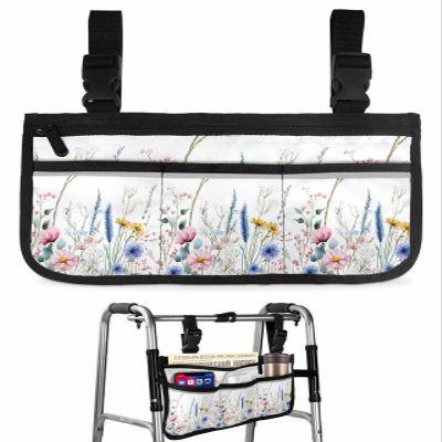 Botanical Floral Blue Wheelchair Bag with Cup Holder Walker Bag Reflective Stripes for Seniors Wheel Chair Accessories for Adults Spring Country Flower Leaf Plants Wheelchair Side Bag for Rollator