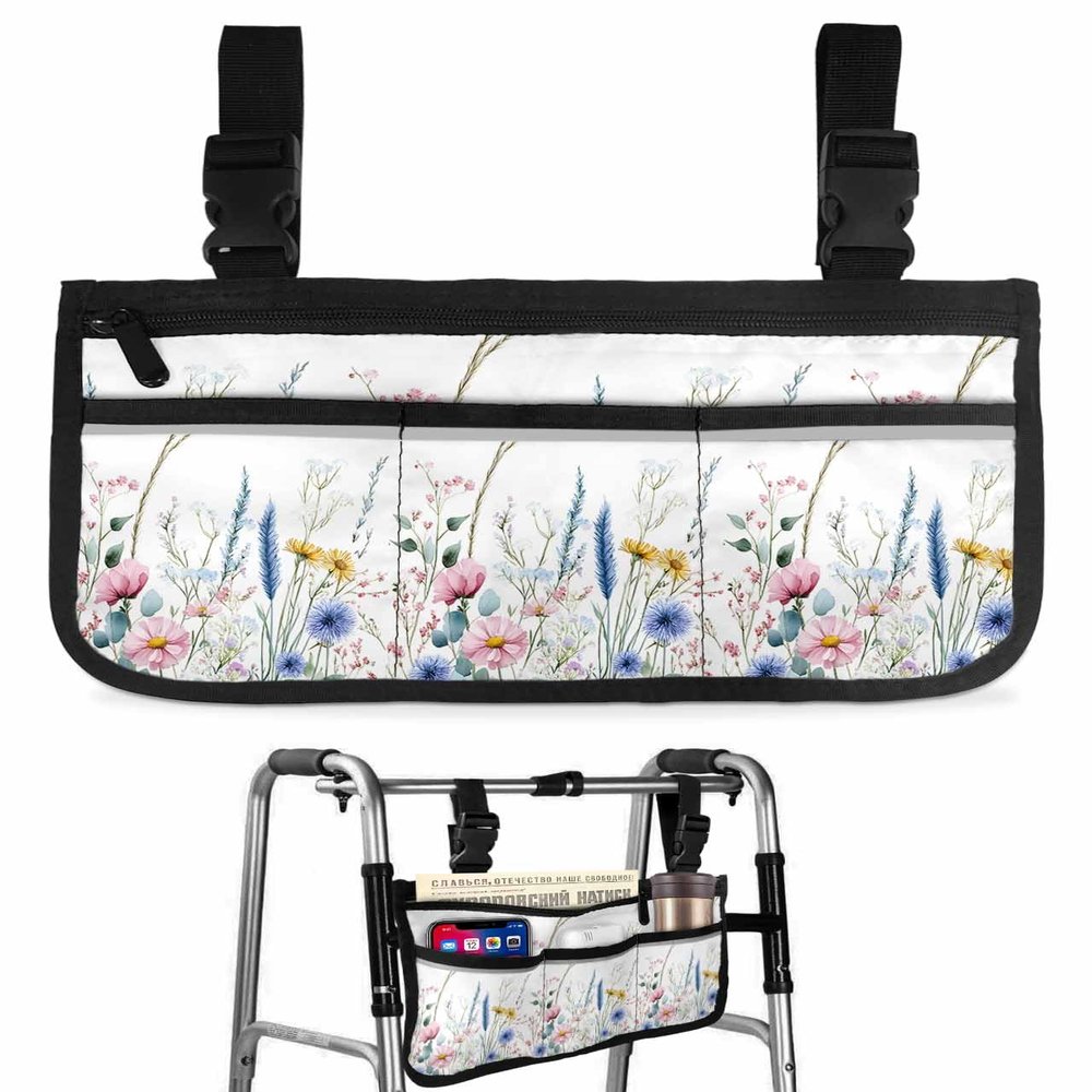 Botanical Floral Blue Wheelchair Bag with Cup Holder Walker Bag Reflective Stripes for Seniors Wheel Chair Accessories for Adults Spring Country Flower Leaf Plants Wheelchair Side Bag for Rollator