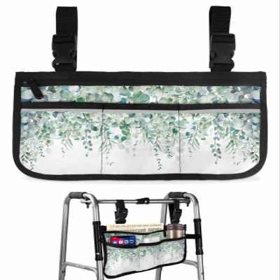 Eucalyptus Leaf Sage Green Wheelchair Bag with Cup Holder Walker Bag Reflective Stripes for Seniors Wheel Chair Accessories for Adults Spring Watercolor Leaf Texture Wheelchair Side Bag for Rollator