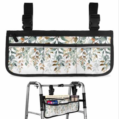 Leaf Brown Green Wheelchair Bag with Cup Holder Walker Bag Reflective Stripes for Seniors Wheel Chair Accessories for Adults Fall Country Natural Leaves Texture White Wheelchair Side Bag for Rollator