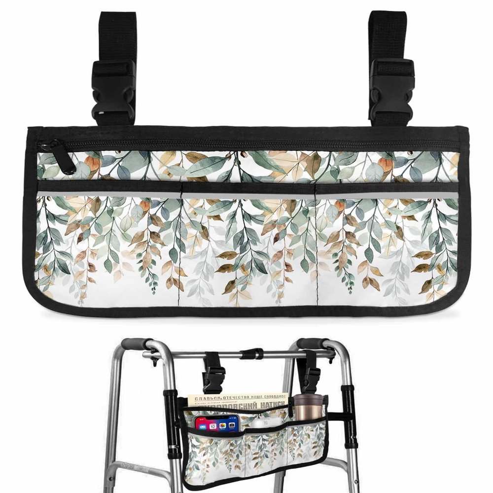 Leaf Brown Green Wheelchair Bag with Cup Holder Walker Bag Reflective Stripes for Seniors Wheel Chair Accessories for Adults Fall Country Natural Leaves Texture White Wheelchair Side Bag for Rollator
