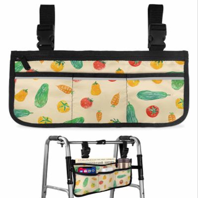 Modern Wheelchair Bag with Cup Holder Walker Bag with Reflective Stripes for Seniors Electric Wheel Chair Accessories for Adults Watercolor Vegetable Beige Wheelchair Side Bag for Rollator