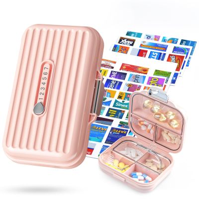 Goffing Travel Pill Organizer Box with Medicine Labels, 2Pack 7 Compartments Portable Pill Case, Daily Medication Organizer Storage Pill Container for Pocket Pharmacy(Pink S+L 2Pack)