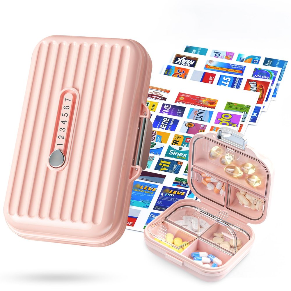 Goffing Travel Pill Organizer Box with Medicine Labels, 2Pack 7 Compartments Portable Pill Case, Daily Medication Organizer Storage Pill Container for Pocket Pharmacy(Pink S+L 2Pack)