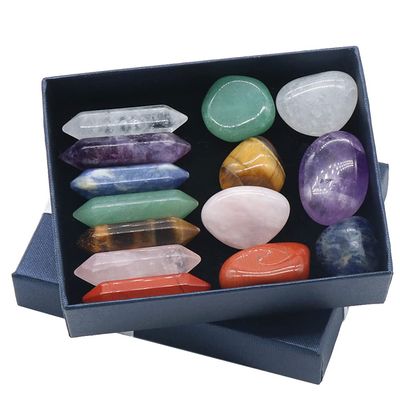 shenruifa 14 Pcs Crystals Kit 7 Chakra Set Hexagonal Column Irregular Yoga Stone Spiritual Massage Healing Stone Labradorite