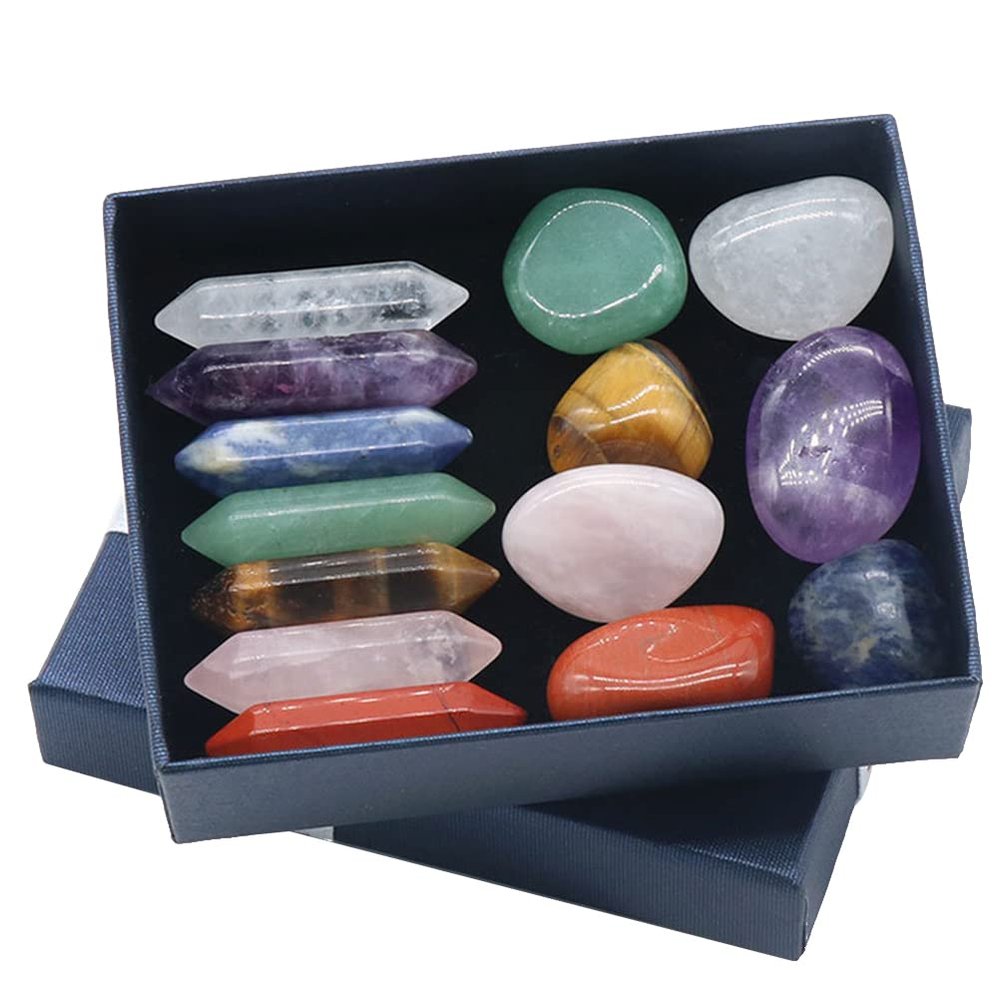 shenruifa 14 Pcs Crystals Kit 7 Chakra Set Hexagonal Column Irregular Yoga Stone Spiritual Massage Healing Stone Labradorite