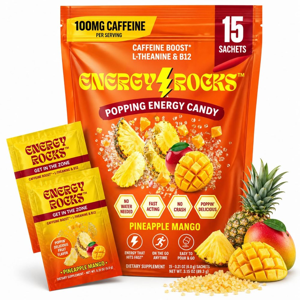 Energy Rocks Caffeine Candy - Popping Energy Candy Crystals, 100mg Caffeine, L-Theanine & B12 - Fast Energy, No Drink Needed - Coffee Alternative 15-Pack (Pineapple Mango)