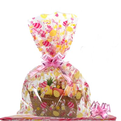 SUREHOME Cellophane Bags for Gift Baskets 24 x 30 Inch Large Clear Gift Bags for Easter Baskets Wrap, Set Of 10 Plastic Cello Bunny Treat Bag with Pull Bow Ribbon for Large Easter Basket