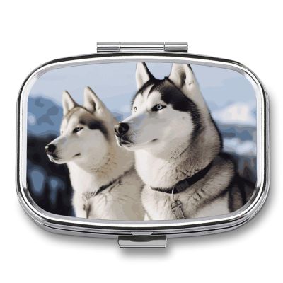 Pill Box with Mirror 2 Compartment Portable Husky Dogs Pill Organizer for Pocket Or Purse Travel Medicine Pill Case Weekly Medicine Pill Container Holder for Daily Meds