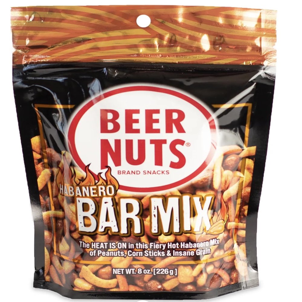 Beer Nuts Hot Habanero Snack Mix, Travel Size, Crunchy Party Pretzels, Cheese Sticks, Sesame Sticks, Roasted Corn Nuts, & Original Roasted Sweet Glazed Salted Peanuts, An American Original Since 1953 (8oz, Habanero Bar Mix)