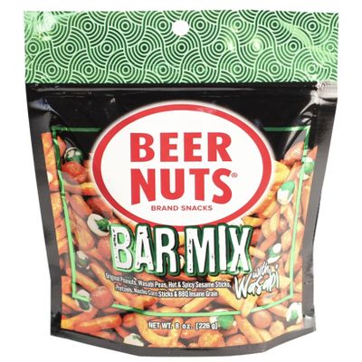 Beer Nuts Bar Mix w/ Wasabi Peas, Travel Packs, Tangy Wasabi, Crunchy Party Pretzels, Cheese Sticks, Sesame Sticks, Roasted Corn Nuts, & Original Roasted Sweet Glazed Salted Peanuts, An American Original Since 1953 (8oz, Bar Mix w/ Wasabi)