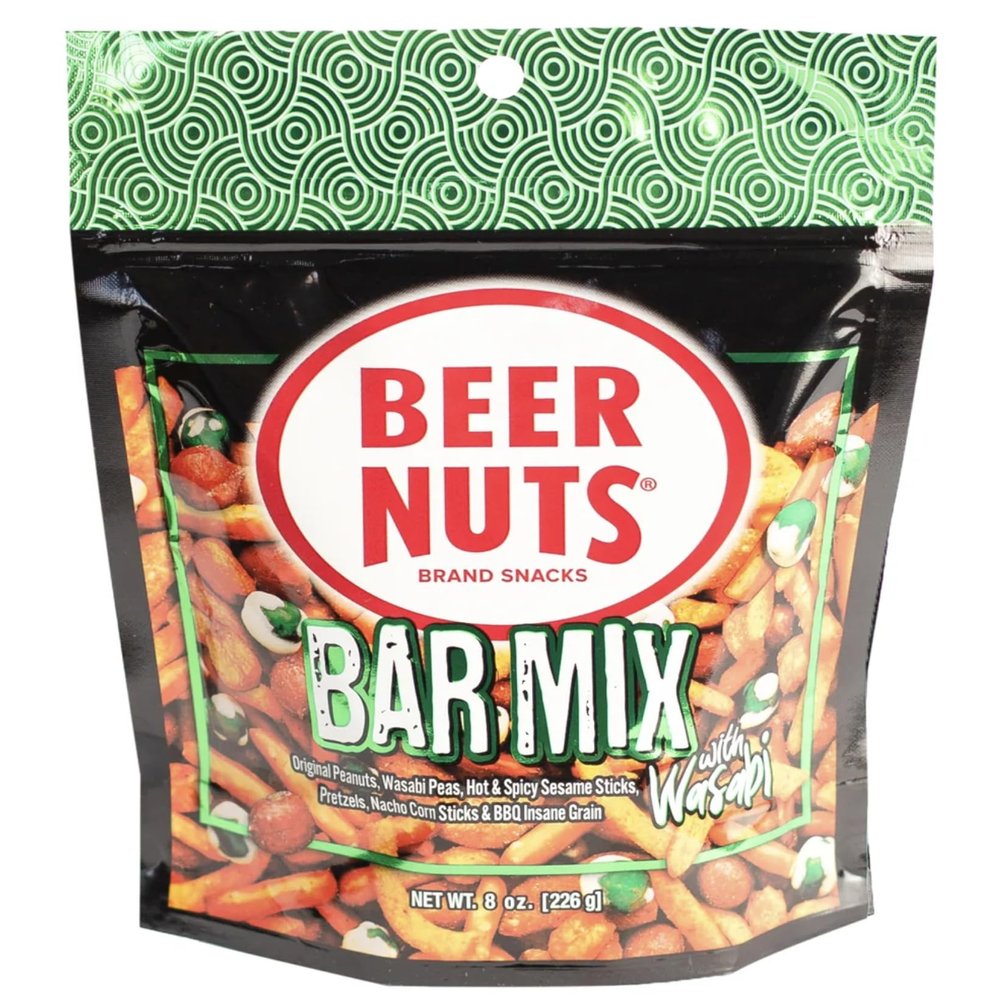 Beer Nuts Bar Mix w/ Wasabi Peas, Travel Packs, Tangy Wasabi, Crunchy Party Pretzels, Cheese Sticks, Sesame Sticks, Roasted Corn Nuts, & Original Roasted Sweet Glazed Salted Peanuts, An American Original Since 1953 (8oz, Bar Mix w/ Wasabi)