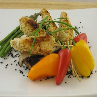 Les Chateau Pecan Chicken on a Wooden Skewer, 50 Pieces, Frozen, Gourmet Appetizer