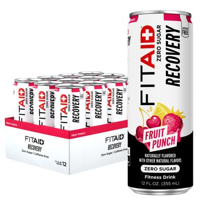 FITAID ZERO Post Workout Recovery Drink, Fruit Punch, Zero Sugar, BCAA Electrolytes, Keto Friendly, 5 Calories, 12 oz (Pack of 12)