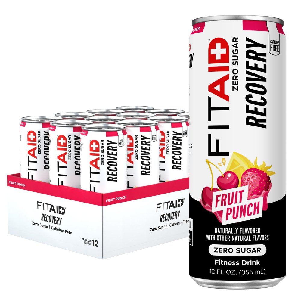 FITAID ZERO Post Workout Recovery Drink, Fruit Punch, Zero Sugar, BCAA Electrolytes, Keto Friendly, 5 Calories, 12 oz (Pack of 12)