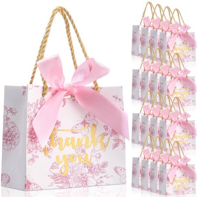 Kolldenn 40 Pcs Small Thank You Floral Gift Bags 5.5''x 2.4''x 4.7'' Pink White Paper Party Favor Bag with Handle Chinoiserie Floral Bag Bulk with Ribbon for Wedding Birthday Bridal Baby Shower