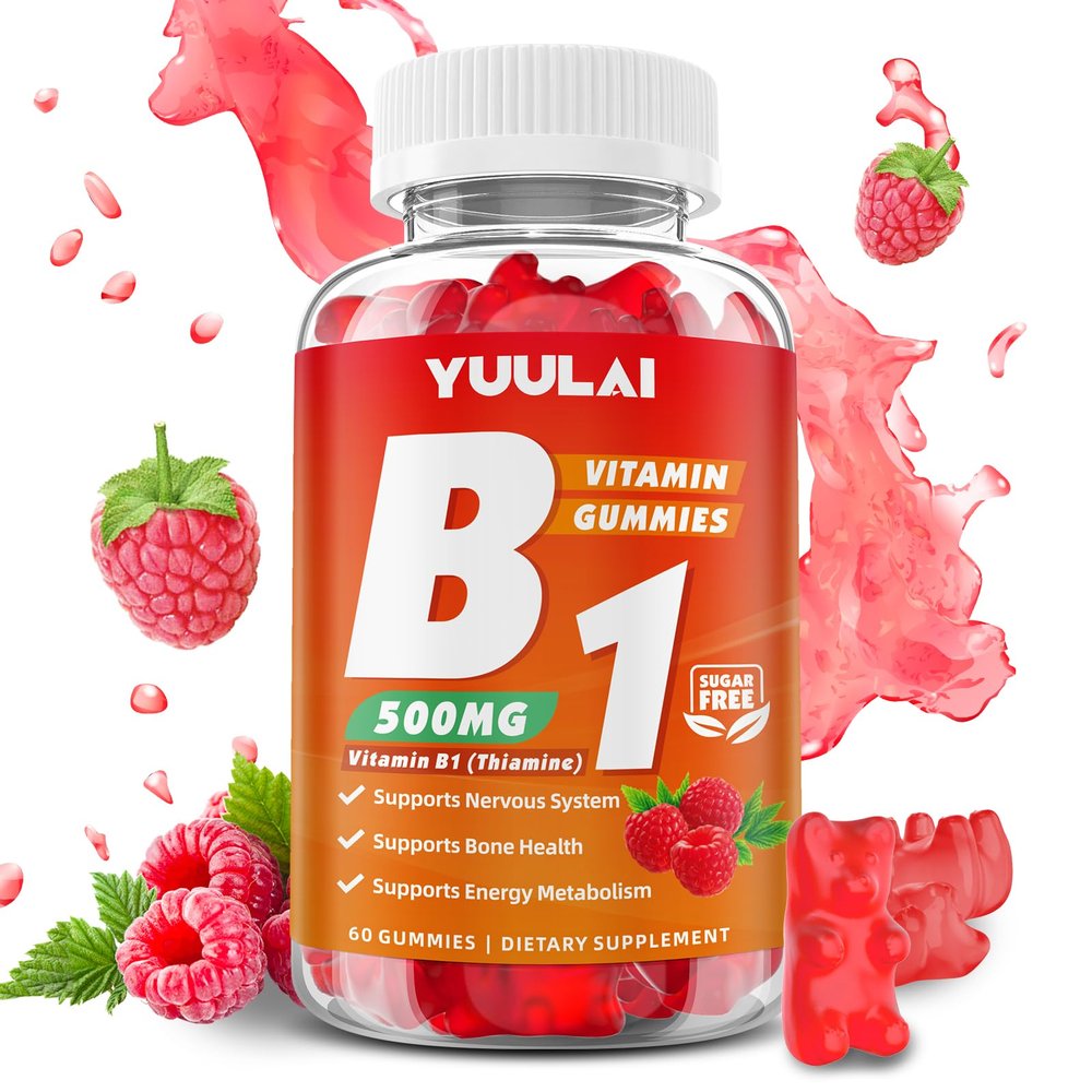 YUULAI Vitamin B1 Gummies 500mg for Adults & Kids, Thiamine B1 Supplement with Magnesium, Vitamin B1 Supplement for Nervous System Supports & Boost Energy, Raspberry Flavor, 60 Count