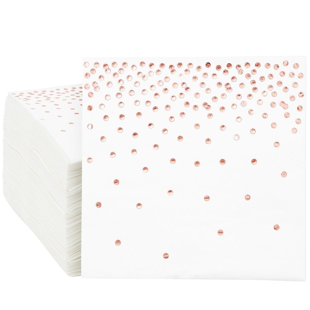 100-Pack Rose Gold Cocktail Napkins - Polka Dot Disposable Paper Napkins for Wedding Reception, Bridal Shower (3-Ply, 5x5 In)