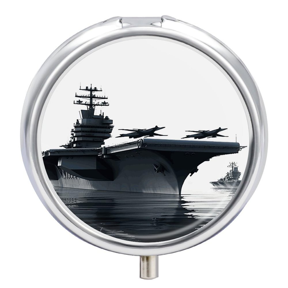 Aircraft Carrier Round Pill Box Travel Portable Pill Case 23 Compartment Medicine Metal Tablet Vitamin Holder Organizer for Purse Pocket