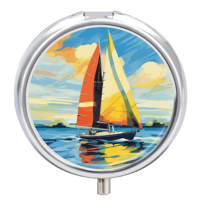 Colorful Sail Boat Round Pill Box Travel Portable Pill Case 23 Compartment Medicine Metal Tablet Vitamin Holder Organizer for Purse Pocket