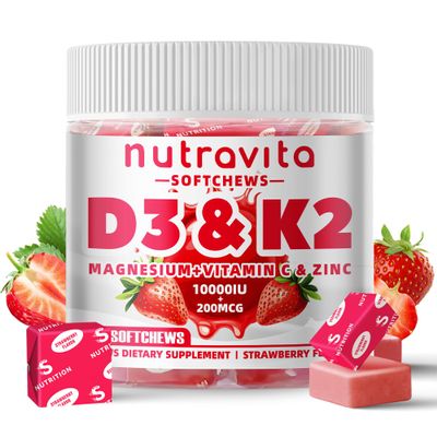 Nutravita Sugar-Free Vitamin D3 K2 Chews with Calcium + K2 (MK-7), Magnesium Citrate, Vitamin C, Extra Strength - Ultimate Absorption for Bone Muscle Teeth Immune,Vegan - 60 Count-Strawberry Flavor.