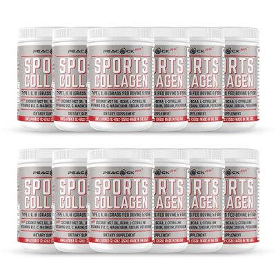 Peacock Max Sports Collagen Powder, 12.42 oz, Pack of 12 - Grass Fed Bovine & Wild Fish Hydrolyzed Type I, II, III Multi Collagen Peptides, Unflavored Protein Powder with Electrolytes