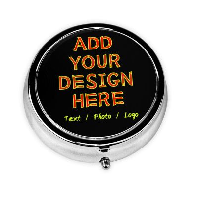 Custom Pill Box Personalized Round Small Pill Case with Mirror Add Your Photo Text Logo Name Decorative 3 Compartment Portable Metal Medicine Container Vitamin Organizer for Pocket Purse Travel