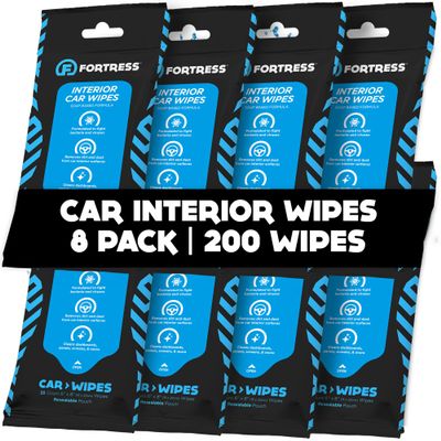 Fortress Car Interior Wipes (25 ct, Pack of 8) for Car Interior Cleaning, Dashboard, Seats, Detailing, and Steering Wheel [Travel Size] Skin-Safe Car Interior Cleaner Supplies