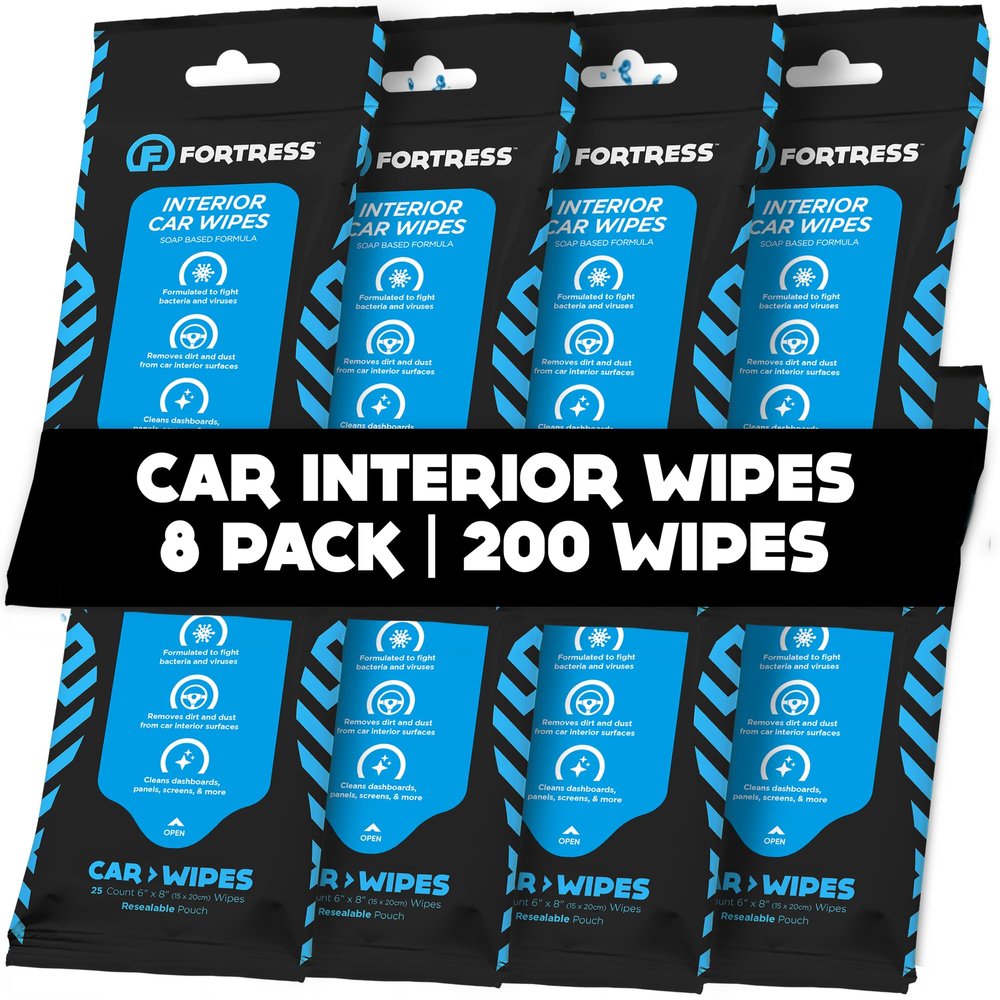 Fortress Car Interior Wipes (25 ct, Pack of 8) for Car Interior Cleaning, Dashboard, Seats, Detailing, and Steering Wheel [Travel Size] Skin-Safe Car Interior Cleaner Supplies