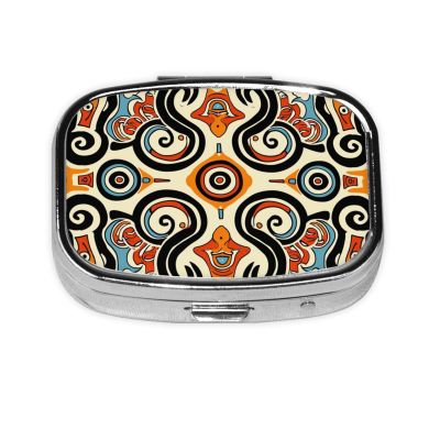 2-Compartment Mini Pill Case, Patterns Full of Colors Retro Pocket-Sized Medicine Organizer for Travel